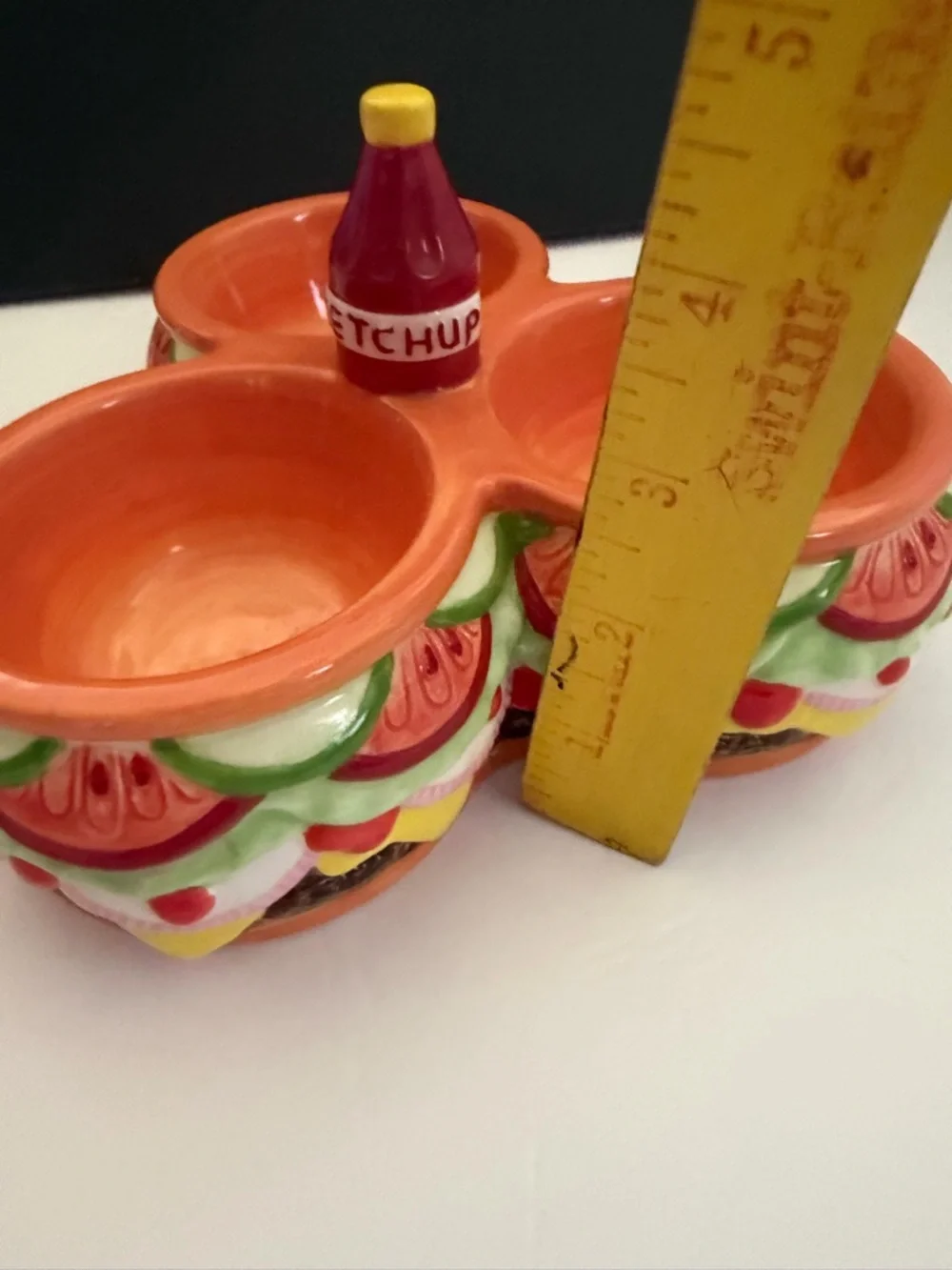 Ceramic Triple Dip Server Dish Cheeseburger with Ketchup Bottle